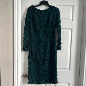 Xscape Dark Green Textured Long Sleeve Dress